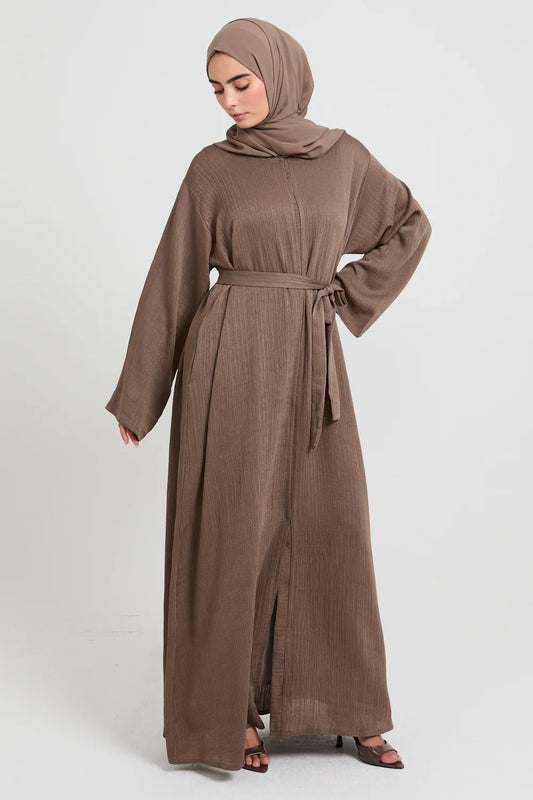 Premium Textured Linen Blend Open Abaya with Pockets - Desert Mocha