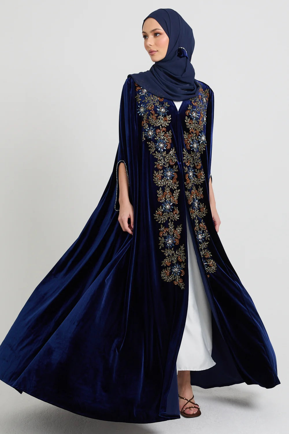 Luxury Sapphire Bloom Velvet Embellished Cape