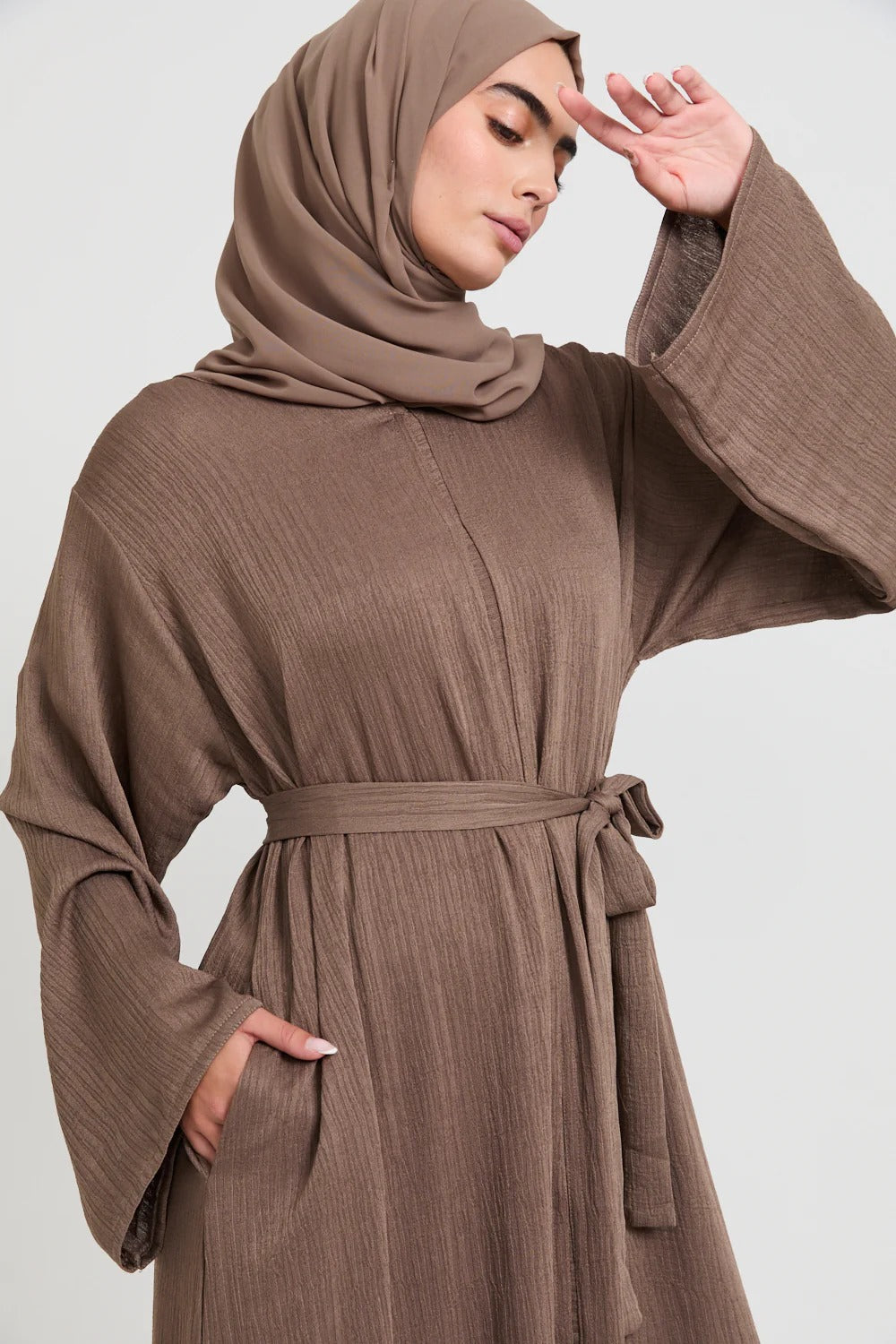 Premium Textured Linen Blend Open Abaya with Pockets - Desert Mocha