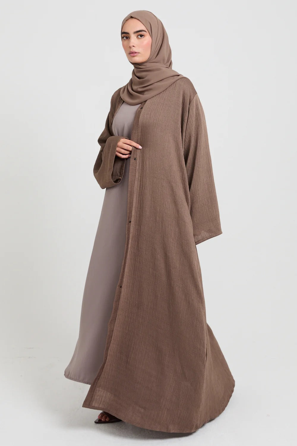 Premium Textured Linen Blend Open Abaya with Pockets - Desert Mocha