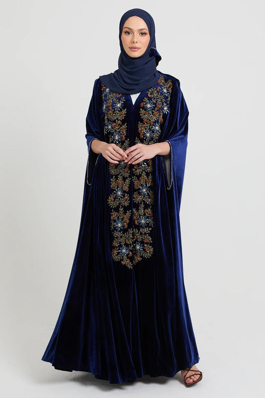 Luxury Sapphire Bloom Velvet Embellished Cape